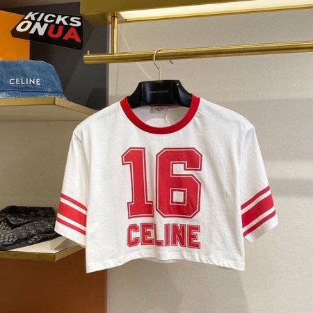 Celine 16 Cropped T-Shirt In Cotton Jersey Off White/Red Intense