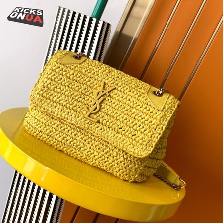 Saint Laurent Niki Raffia Logo Plaque Shoulder Bag