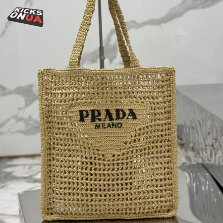 Prada Logo-Print Raffia Tote