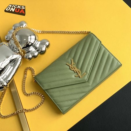 Saint Laurent Monogram Embossed Light Sage Leather Chain Wallet