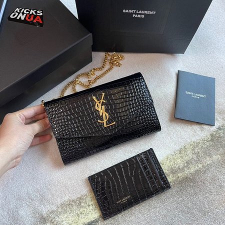 Saint Laurent Cassandre Phone Holder With Strap In Shiny Crocodile-Embossed Leather