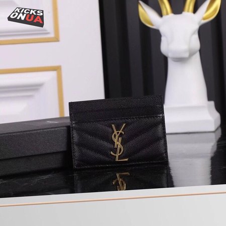 Saint Laurent Grain De Poudre Matelasse Chevron Monogram Credit Card Case Black