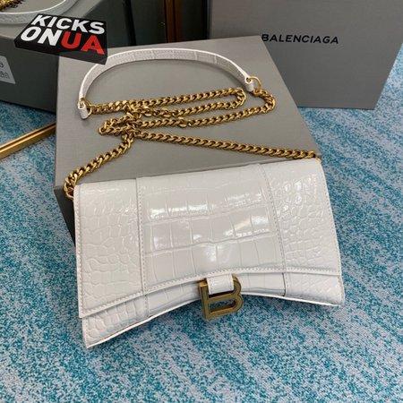 Balenciaga Hourglass Wallet On Chain Crocodile Embossed In White 9016
