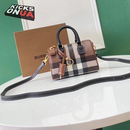 Burberry Check And Leather Mini Bowling Bag Dark Birch Brown 80534961