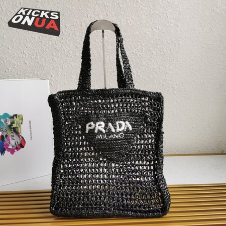 Prada Raffia Tote Bag Black 1BG393