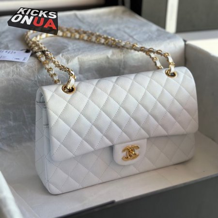 Chanel White Quilted Caviar Medium Classic Double Flap Light Gold Hardware