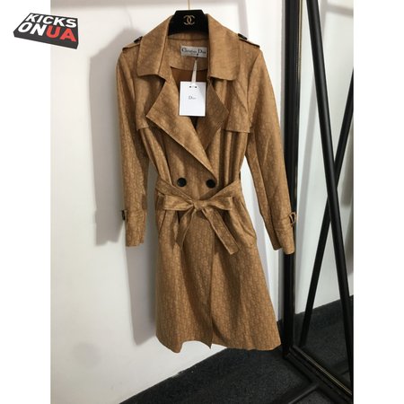 Dior Logo Print Tie-Waist Lapel Long-Sleeved Suede Trench Coat Jacket