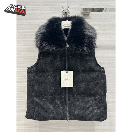Moncler Carrelet Fur-Collar Tweed Vest Black Women's