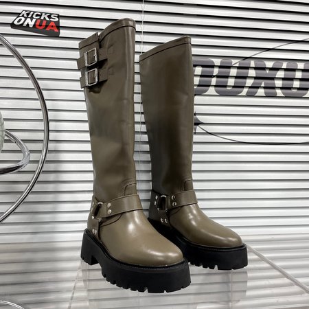 Celine Bulky Biker High Boot In Calfskin Khaki/Silver