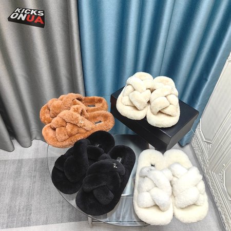 Chanel Women's Cross Band Slippers Fuzzy Slippers