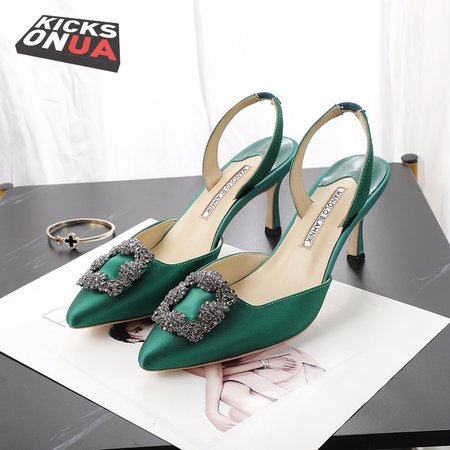Manolo Blahnik Green Satin Jewel Buckle Slingback Pumps 35-42